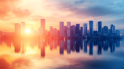 Fototapeta premium Modern city skyline at sunset reflecting on water, creating serene atmosphere