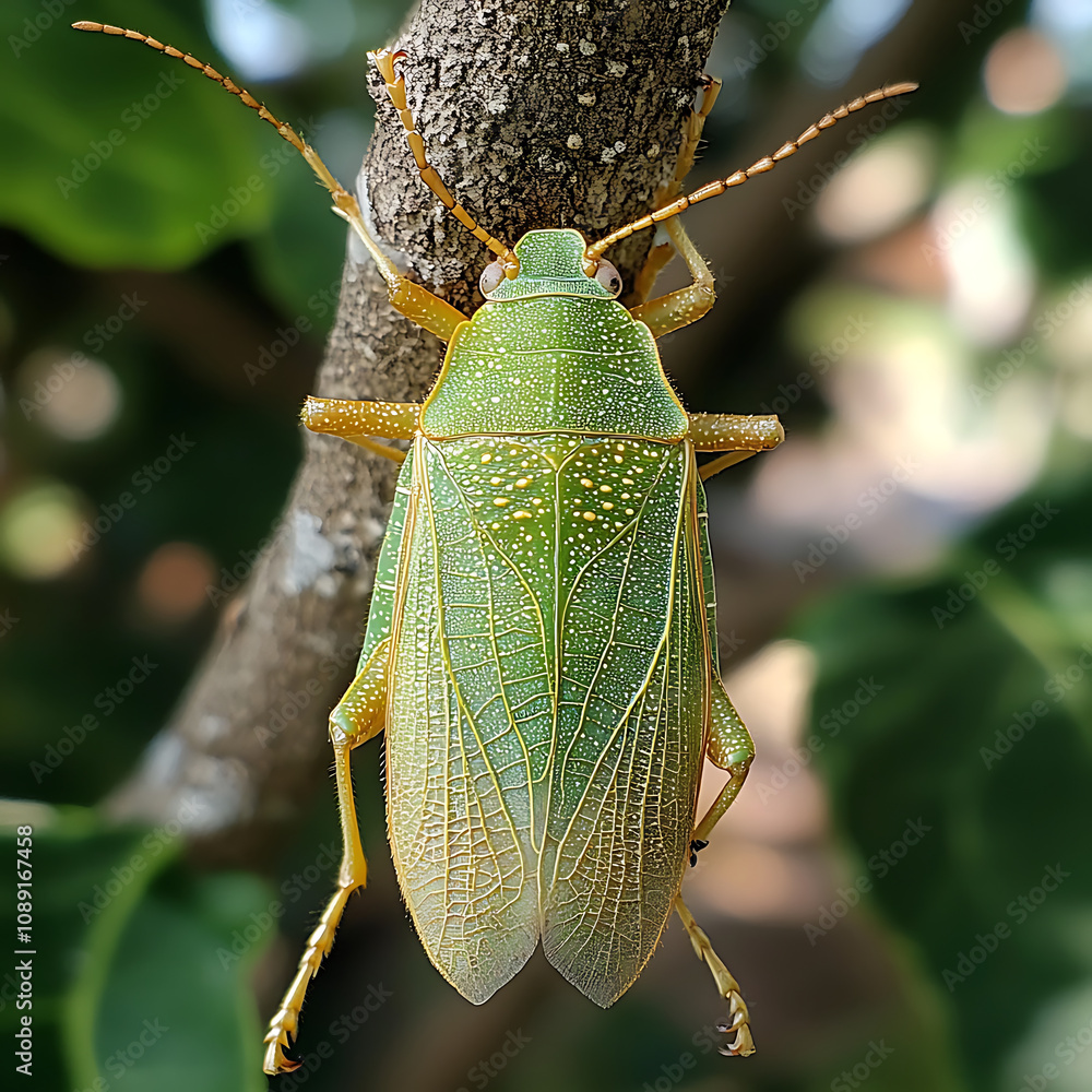 Aufkleber vibrant green leaf bug resting on tree branch, showcasing its intricate patterns and textures. this 