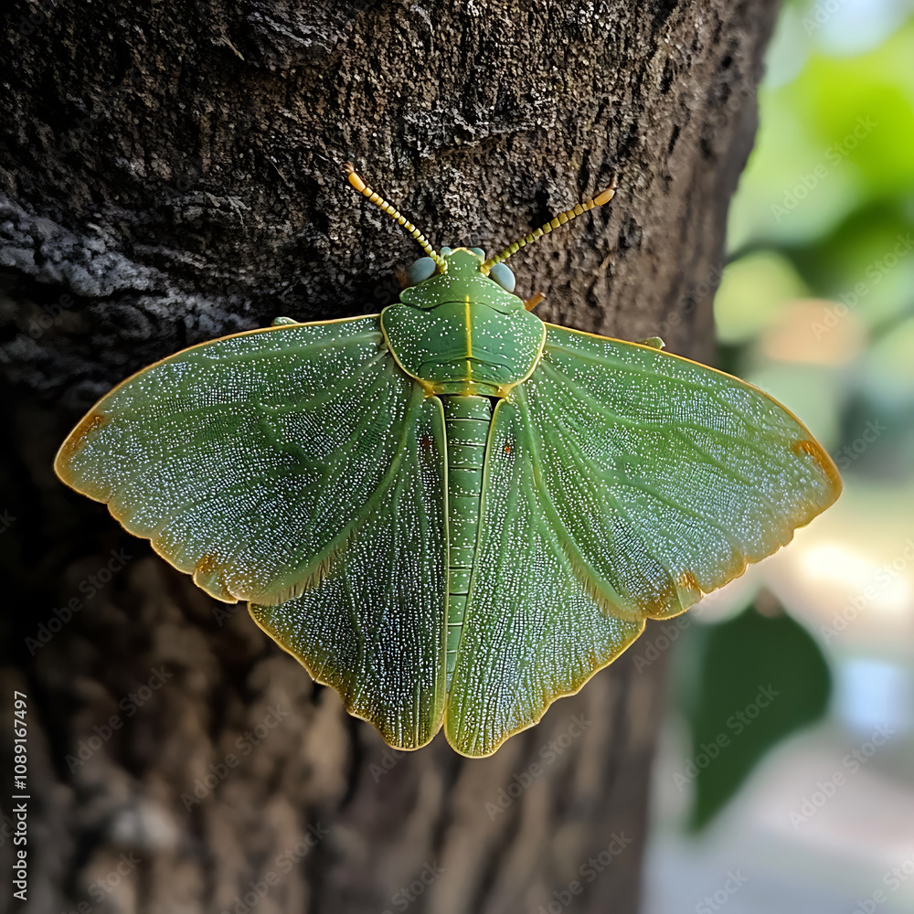 Poster vibrant green moth resting on tree trunk, showcasing its intricate wing patterns and textures. this 