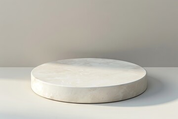 Simple, white, empty, round podium on a light grey background. A minimalistic design with soft shadows, for product photography like accessory and jewel.