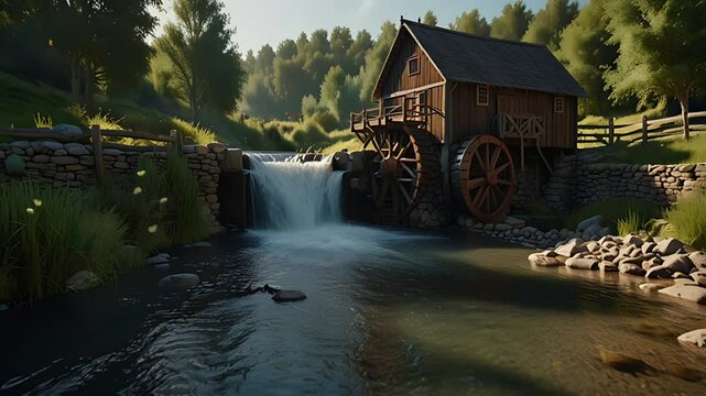 A house on the riverbank with an old water mill. Seamless 4K looping timelapse video animation background