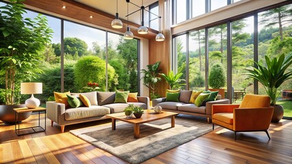 Cozy Modern House Interior with Natural Light, Showcasing Stylish Furniture and Warm Colors in a Rule of Thirds Composition for a Welcoming Atmosphere