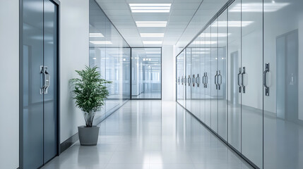 Obraz premium Modern office corridor with glass doors and lockers, creating sleek atmosphere