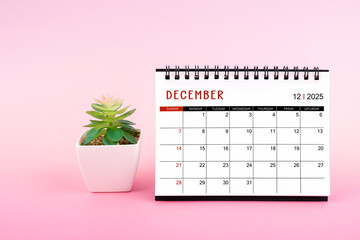 December 2025, Monthly desk calendar for 2025 year on pink background.