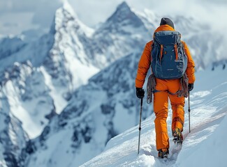 Fototapeta premium Mountain climber on a steep narrow snow ridge, extreme alpinist mountaineer, winter sport or hobbies