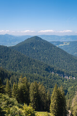 Dense evergreen forest covering a pyramid-shaped mountain under a clear blue sky, surrounded by scenic valleys and distant hills, creating a tranquil and inspiring natural vista.
