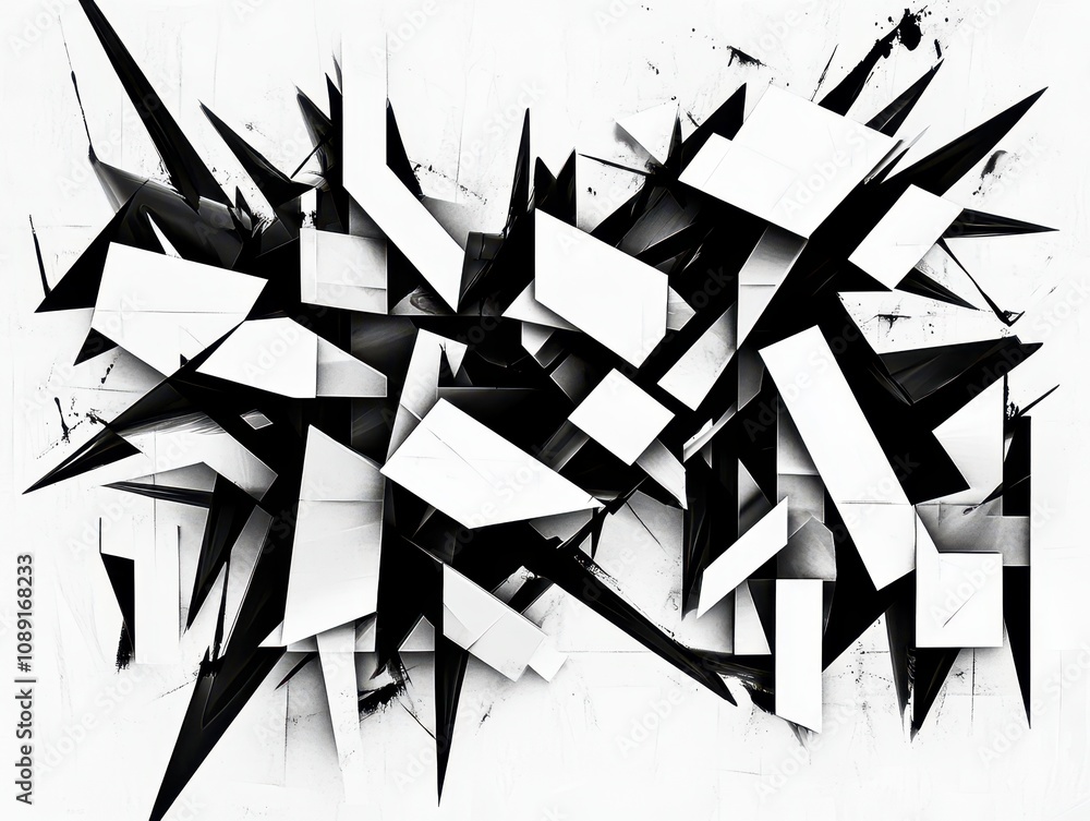 Poster abstract modern design featuring fragmented shapes and sharp angles in black and white on a clean ba
