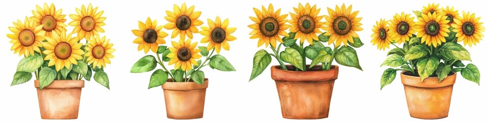 Obraz premium Set of sunflower watercolor. A series of four potted sunflower arrangements, showcasing vibrant yellow blooms and lush green leaves, perfect for brightening any space.