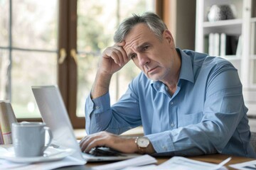 man in his 50s wearing a blue shirt looks stressed while working on his laptop at a desk