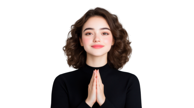 A young woman with curly hair and a warm expression, hands together. Transparent background.