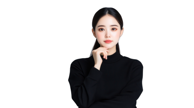 A woman in a black turtleneck poses thoughtfully with a neutral expression. Transparent background.