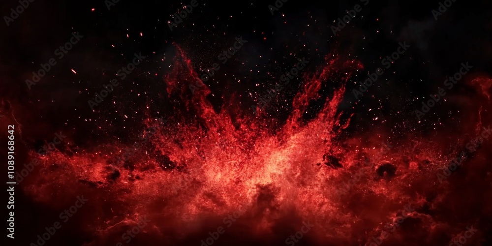 Poster dynamic red light explosion on dark background with chaotic particle scattering - vibrant and energe