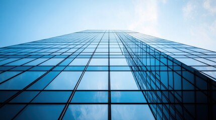 Fototapeta premium Symmetrical View of Tall Glass Buildings Reaching Towards the Sky with Clear Blue Background and Reflections Highlighting Modern Architecture