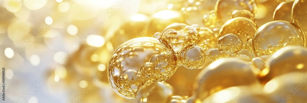 Poster dreamy close-up of assorted golden bubbles in blurred light blue background with scattered white dot