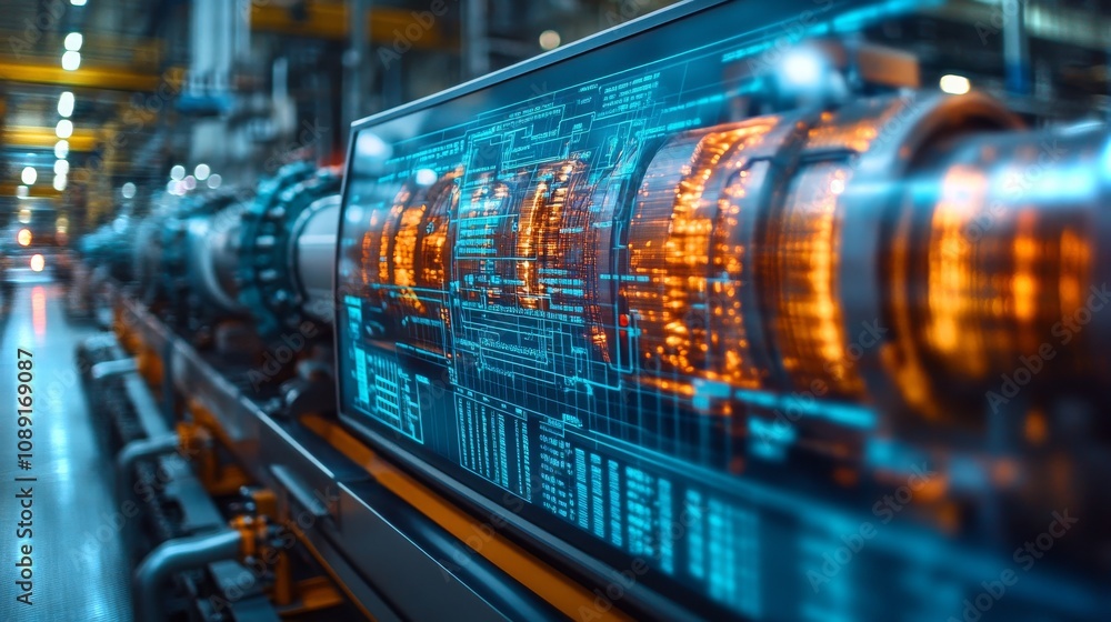 Poster engineer analyzing high-tech machinery data in a modern facility during daytime operations
