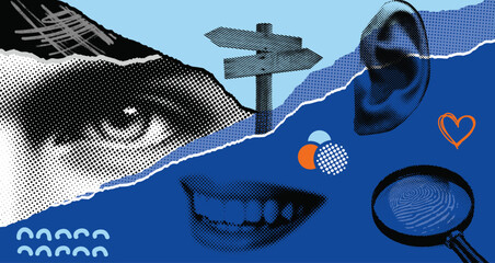 Collage vector halftone illustration: investigating the G factor, a visual exploration for unraveling the mystery, a closer look.