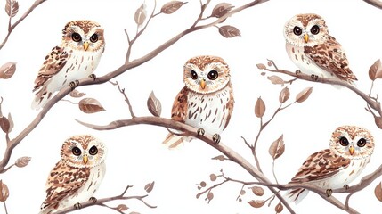 Fototapeta premium A charming illustration of owls perched on branches, showcasing their adorable features and intricate details in a serene setting.