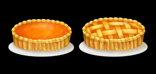 Whole homemade sweet baked pie cake, hand drawn round tart with jam on plate isolated. Pumpkin, carrot, orange color dessert food bake element.