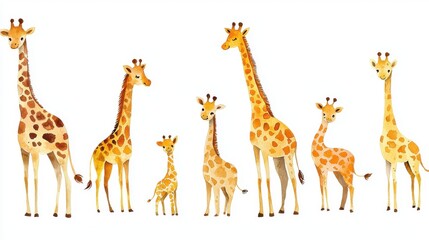 Obraz premium A delightful collection of watercolor giraffes, showcasing varying sizes and expressions in a playful, artistic style.