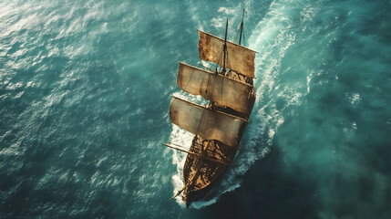 Fototapeta premium Aerial view of pirate ship sailing on ocean waves, adventure awaits!