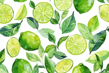 A vibrant watercolor illustration of fresh limes and green leaves, perfect for food and beverage designs.