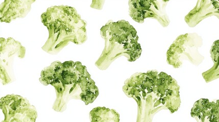 A vibrant watercolor pattern featuring fresh broccoli, highlighting its lush green color and healthy appeal for culinary designs.
