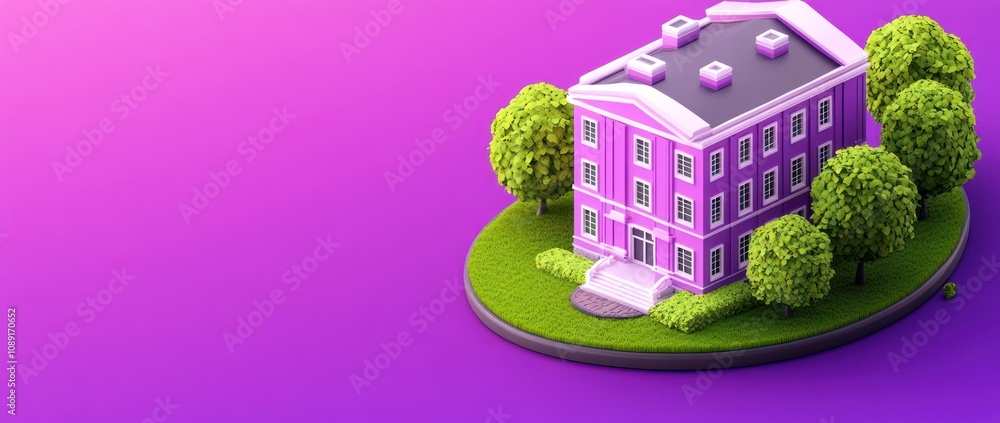Poster a stylized pink building surrounded by greenery on a circular base.