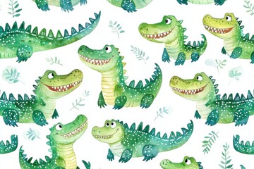 A whimsical pattern featuring playful, cartoon alligators in vibrant green tones against a white background.