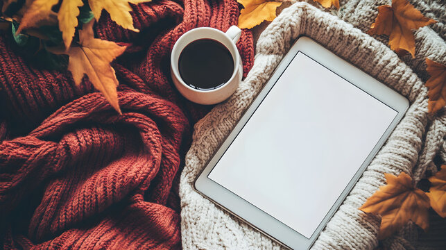 Cozy tablet on warm blanket with coffee and autumn leaves