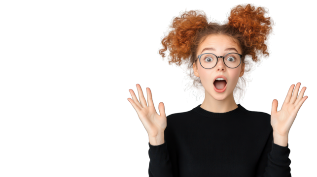 Surprised girl with curly hair expressing excitement. Transparent background.
