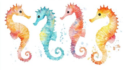 Fototapeta premium Colorful watercolor seahorses swimming gracefully, showcasing their unique shapes and vibrant hues in an aquatic setting.