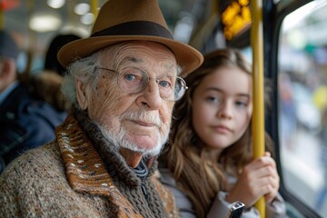 Fototapeta premium A wise-looking elderly man sits next to a young girl on a busy city bus. They appear to be engaged in a quiet conversation, with the sunlight streaming through the windows