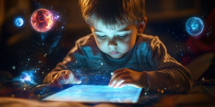 Child exploring an educational AR app on a tablet, surrounded by virtual objects, innovative learning,