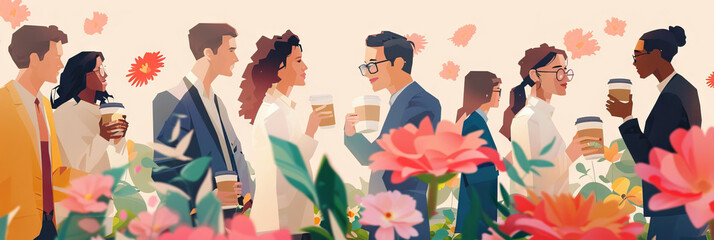 Men and women networking with coffee cups in hand, surrounded by blooming flowers.