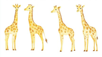 Obraz premium Four adorable giraffes standing gracefully, showcasing their distinct patterns and stature in a whimsical, artistic style.