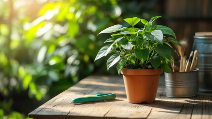 Potted plant on rustic table with gardening tools