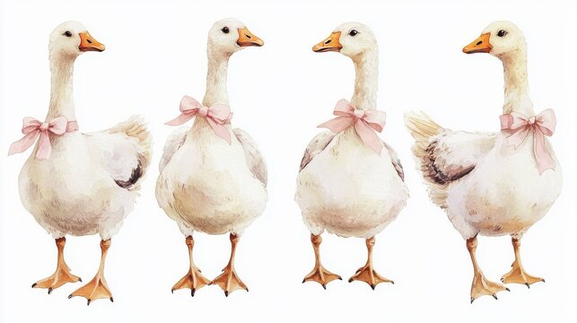 Four charming geese adorned with pink bows, showcasing their playful and elegant demeanor in a delightful grouping.