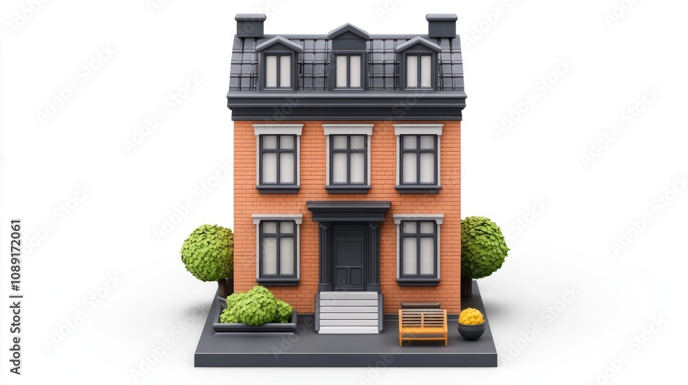 Poster a 3d model of a charming brick house with a front garden and seating area.