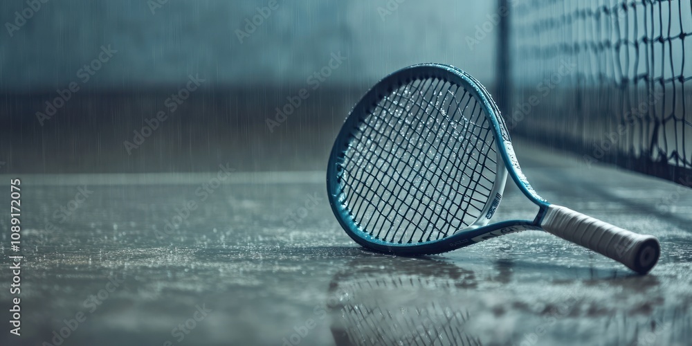 Poster A tennis racket rests on a wet surface, suggesting a recent match or practice session.