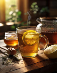 A steaming cup of tea with lemon and honey, ready to be enjoyed