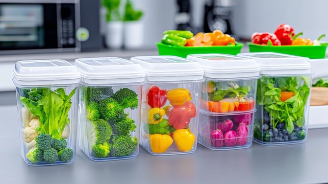 A healthy diet planning and portion control method using fresh vegetables and grains in containers.