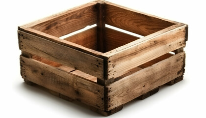 Obraz premium Rustic wooden crate, empty, square, isolated on white background. Perfect for rustic, vintage, or farmhouse designs.