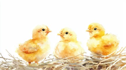 Three adorable yellow chicks chirping together in a cozy nest, capturing the essence of spring and new beginnings.
