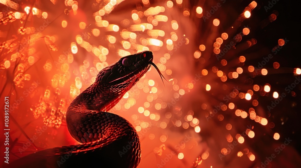 Aufkleber a close-up of a black snake with red eyes in front of a blurred background of red and orange lights.