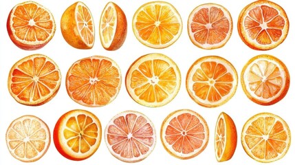 Vibrant collection of citrus fruit slices showcasing fresh oranges, lemons, and grapefruits, perfect for culinary themes or design.