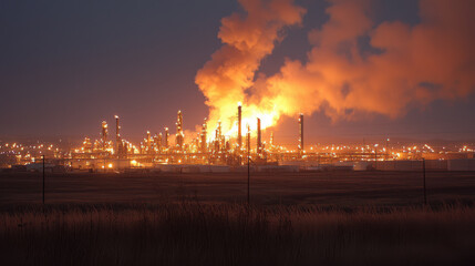 Fototapeta premium Oil refinery complex at sunset with tall towers and smoke. scene captures industrial landscape illuminated by flames and lights, creating dramatic atmosphere