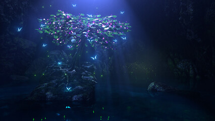 Obraz premium Moonlit Cave with Tree and Glowing Butterflies