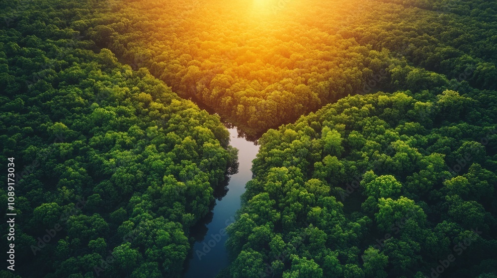 Poster a lush green forest with a river running through it