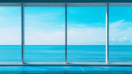 A large modern window close up with a blue ocean view