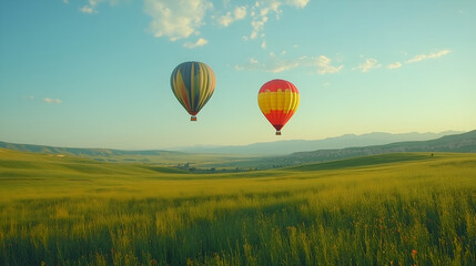 Obraz premium Colorful hot air balloons floating over a green field against a blue sky on a sunny day